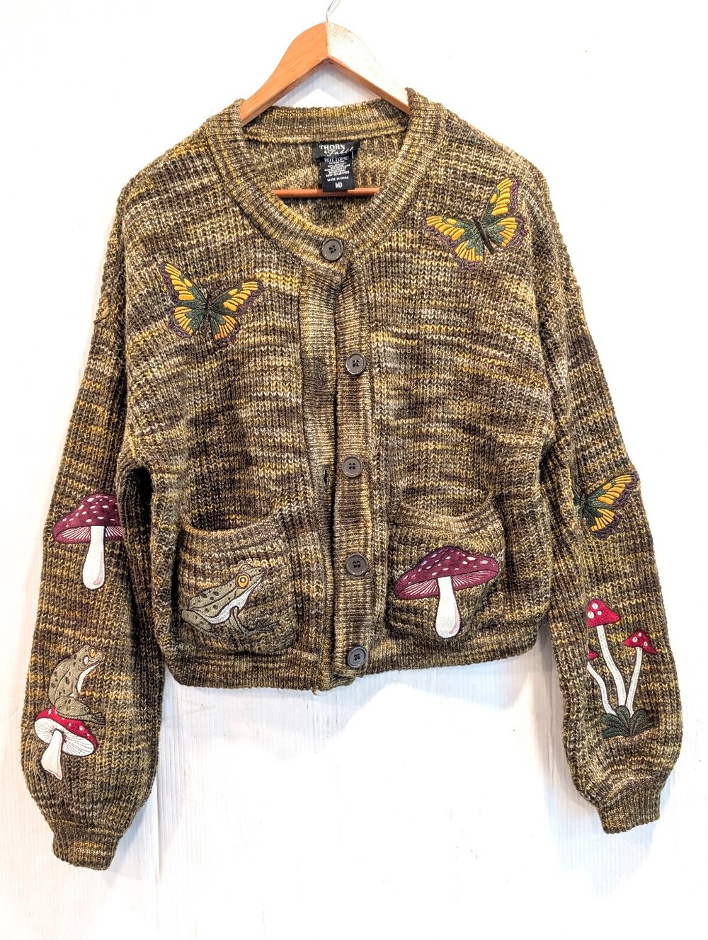 HOT TOPIC Thorn & Fable Women's Mushroom & Critters Olive Marled Knit Cardigan